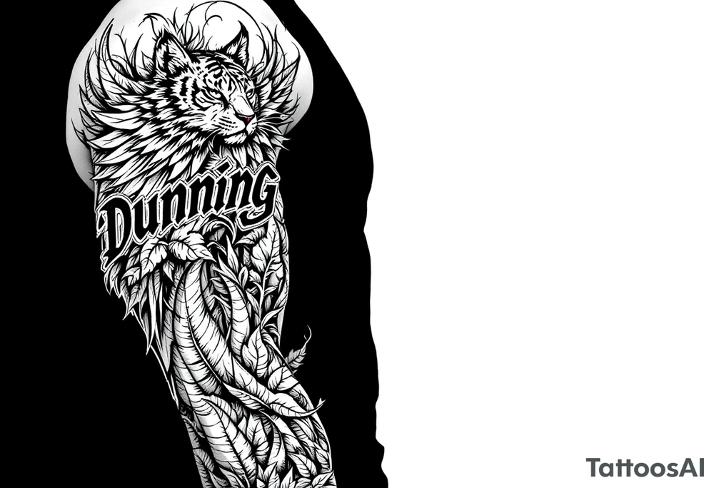 Dunning,on left arm details include angel wing, greek type of font,jungle leaves , tiger claw scratch tattoo idea