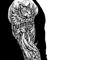 Dunning,on left arm details include angel wing, greek type of font,jungle leaves , tiger claw scratch tattoo idea