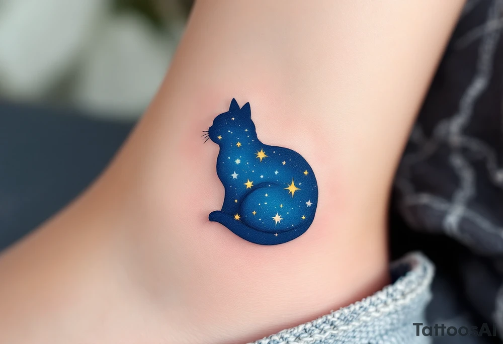 Starry Night Cat Silhouette – A curled-up cat filled with a star-speckled dark blue background, resembling Van Gogh’s “Starry Night.” tattoo idea
