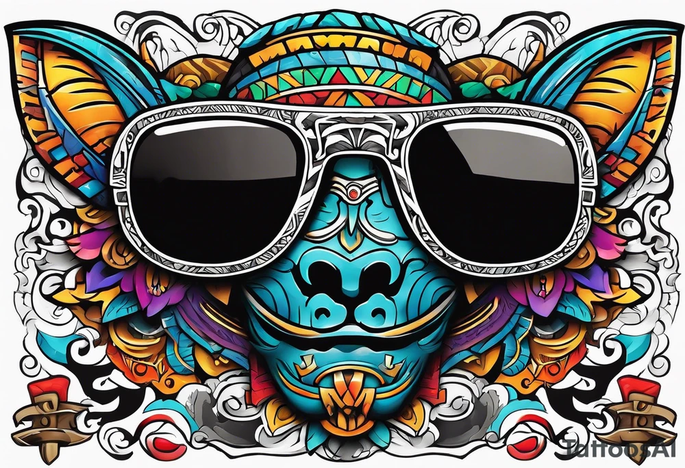 Colorful Mayan hieroglyph wearing sunglasses with bats and water tattoo idea