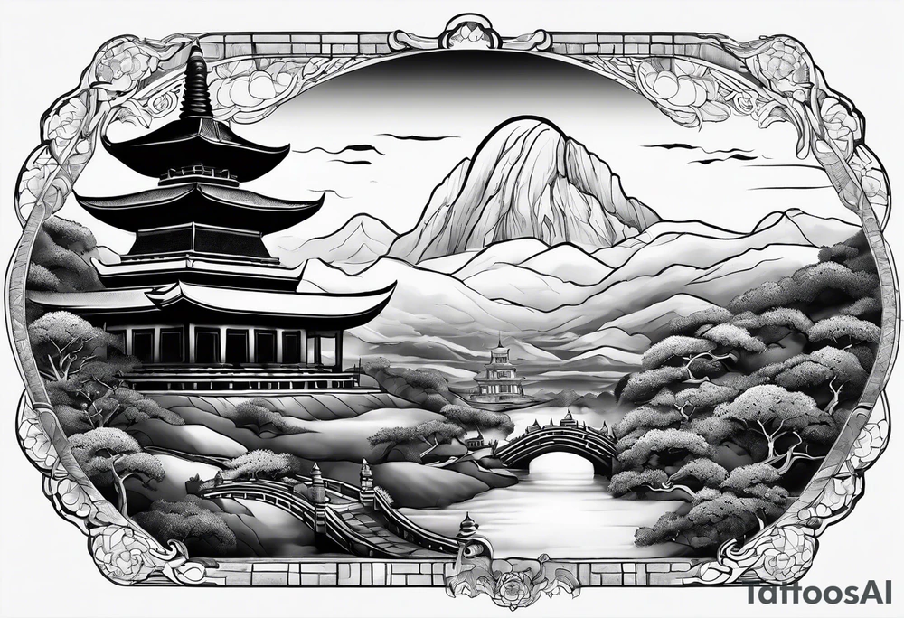 A long tattoo that has a map as a background with a Buddhist round stupa at the bottom tattoo idea