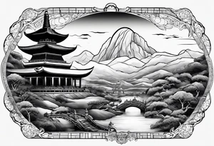 A long tattoo that has a map as a background with a Buddhist round stupa at the bottom tattoo idea