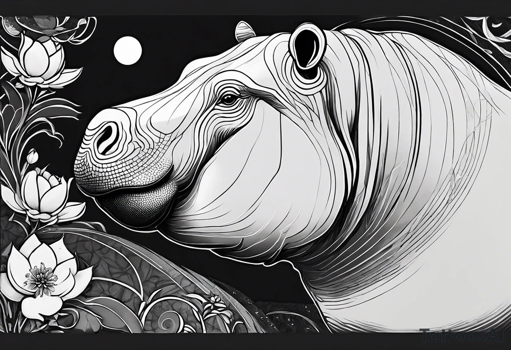 Very asymmetrical, +geometric pattern, with realistic full moon, with seeious looking hippo,,
with wintersweet flower bud, +portrait orientation, +inkart touch, tattoo idea