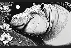 Very asymmetrical, +geometric pattern, with realistic full moon, with seeious looking hippo,,
with wintersweet flower bud, +portrait orientation, +inkart touch, tattoo idea
