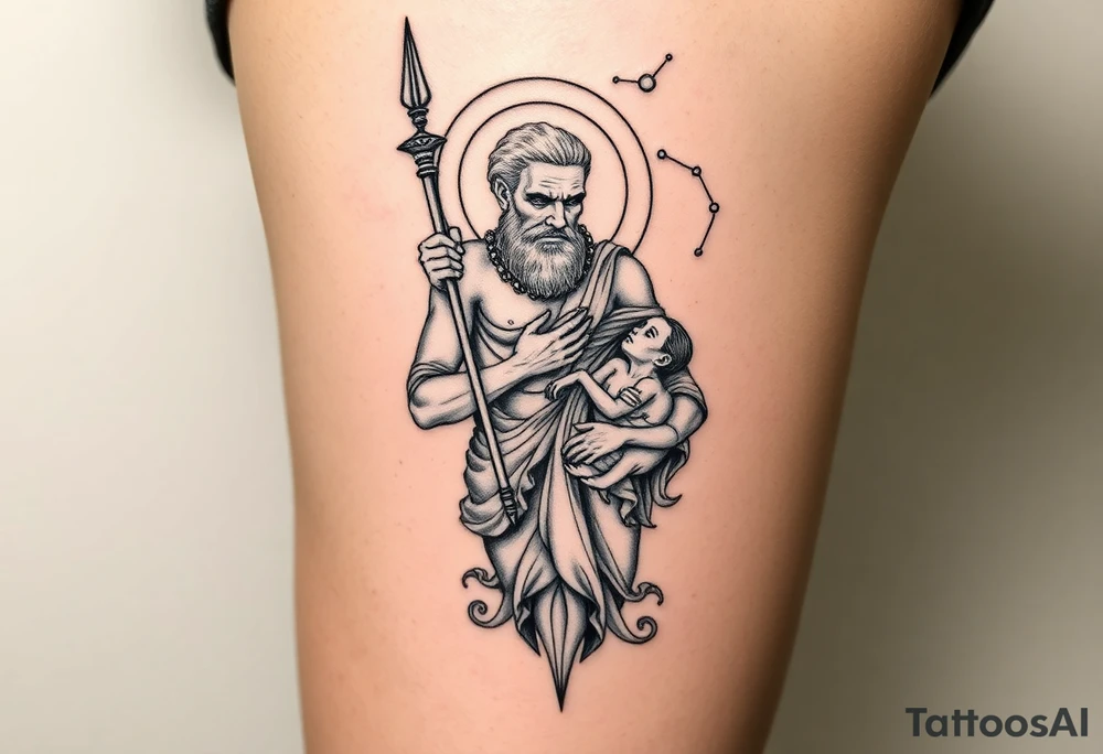 a tattoo design of the Greek God Saturn but older and nearly dying holding a spear with the astrology Saturn symbol as the spear head, in his other arms cradling a twin dying younger version of himself. The gemini constellation is in the background behind the Saturn Gods. Long vertical form as this will be on a thigh tattoo idea