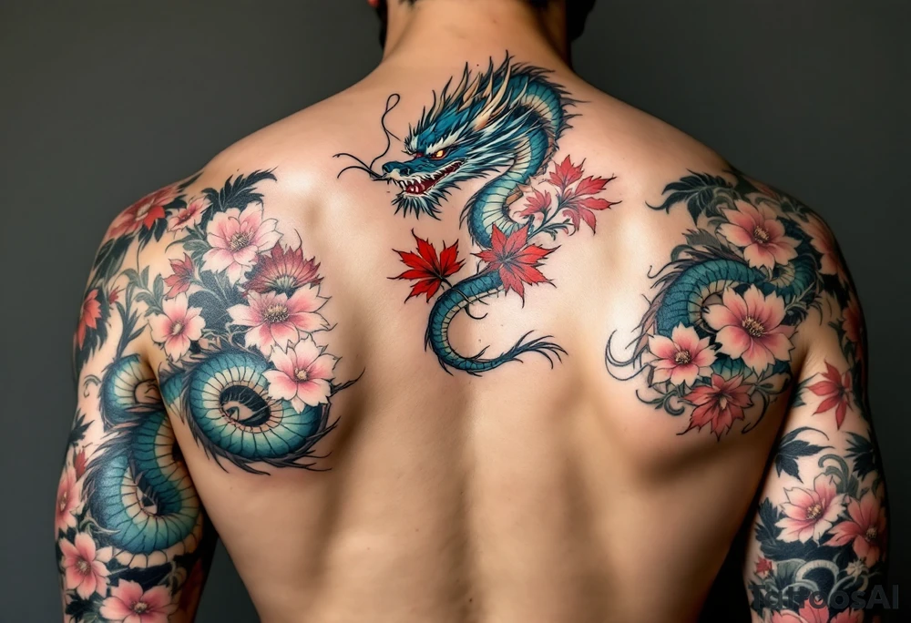 A full-back irezumi tattoo depicting a fierce blue and green dragon coiled around pink peonies and fiery red maple leaves, with black ink wind bars and soft gray shading that flows across the shoulders and down the arms. tattoo idea