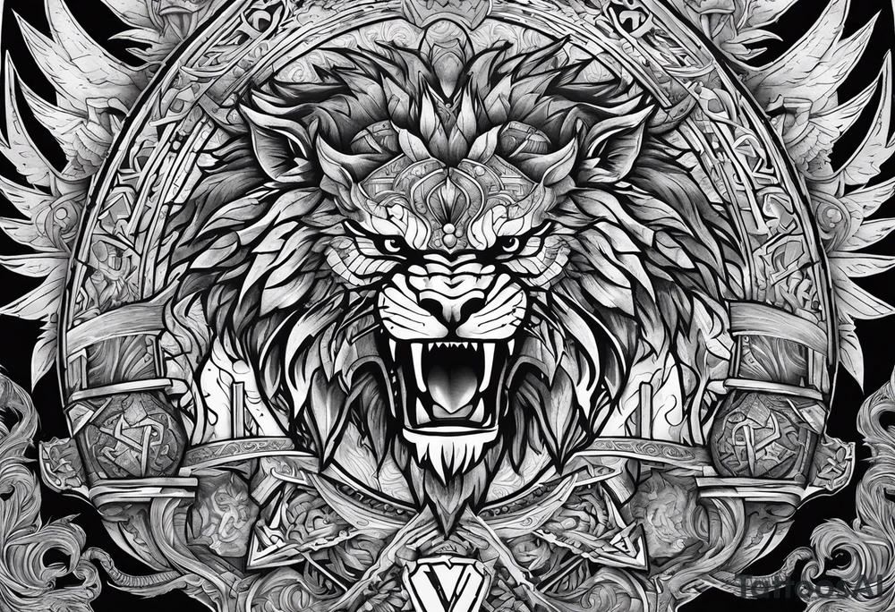 Valhalla sword shield  axe  dragon lion
Valknut  ruins tattoo idea