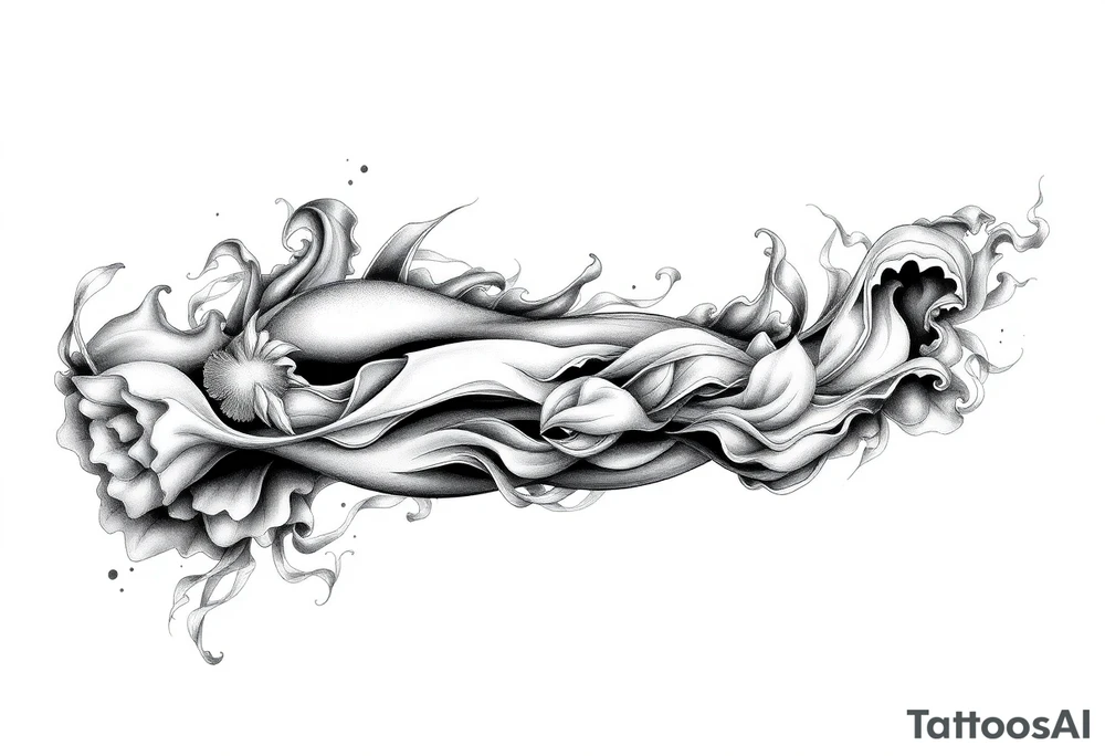 Tattoo sleeve filler using smoke, ash, and fragmented memory effects, organic flow wrapping around arm muscles, soft gradients, negative space, black and grey realism, seamless transitions between main tattoo elements. tattoo idea