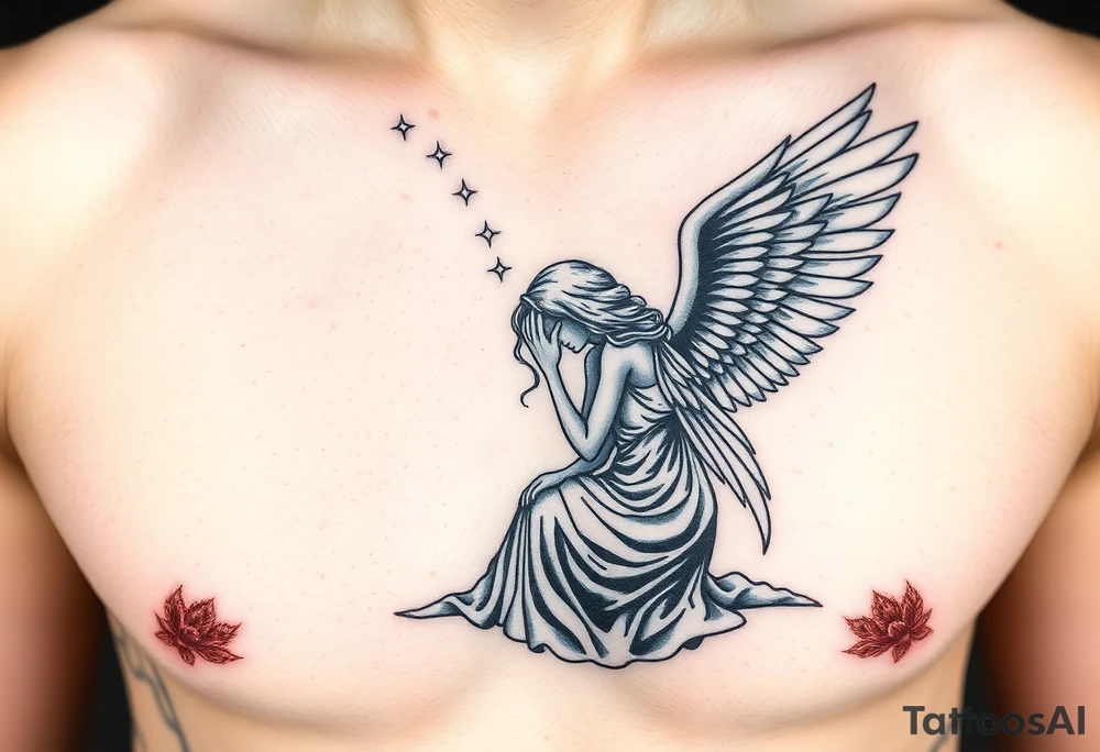 Dante Mikha'el fallen angel on her knees looking sky while her wings are falling tattoo idea