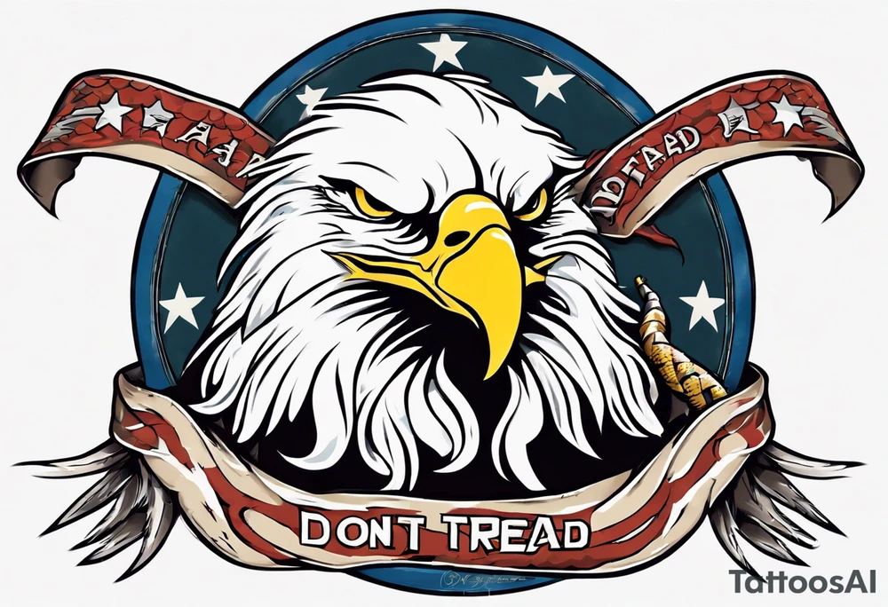 American traditional Bald Eagle carrying a snake in its talons, with a banner reading “don't tread on me” tattoo idea