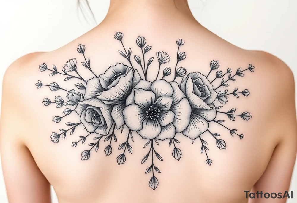 vintage bouquet of wild roses and meadow flowers with morning dew tattoo idea
