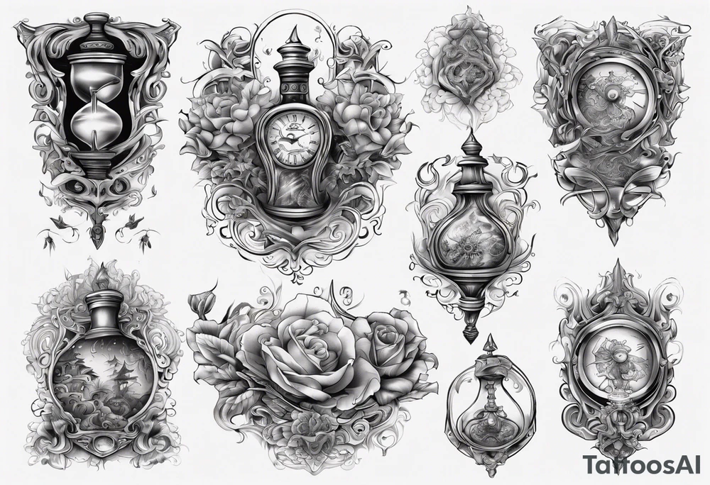 lots of filagree on the chest going onto the shoulder.  include an hour glass tattoo idea