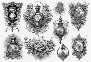 lots of filagree on the chest going onto the shoulder.  include an hour glass tattoo idea