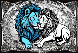 I Want zodiac leo/lion for upper arm and bicep. With blue and fire in it. I want the lion to be eating all its strengths and weaknesses labeled in black color tattoo idea