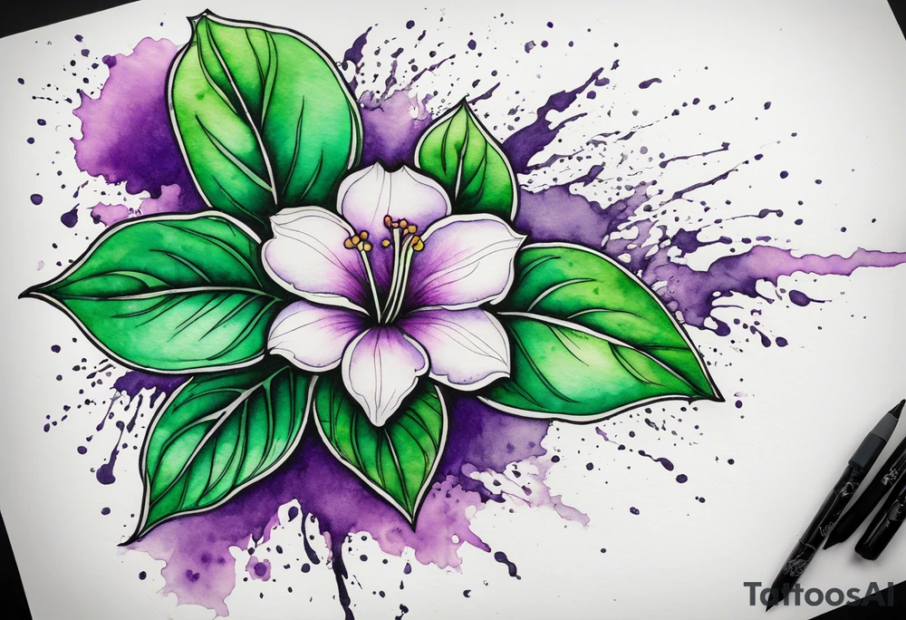 A mystical outline of a green with a bit of purple rio dipladenia flower and a green and purple watercolor splash in the background tattoo idea