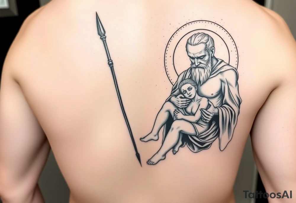 a tattoo design of the Greek God Saturn but older and nearly dying holding his spear, in his other arms cradling a twin dying younger version of himself. The gemini constellation is in the background behind the Saturn Gods. Long vertical form as this will be on a thigh - include the planet Saturn rings going round the design tattoo idea