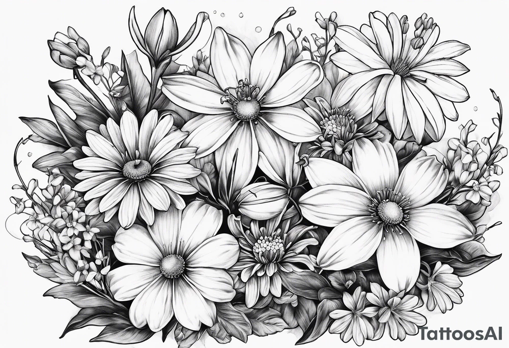 Honeysuckle,3 daisys,cosmos,and snowdrop tattoo idea