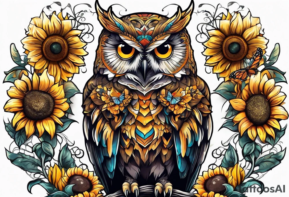 Owl with butterfly body surrounded by sunflowers tattoo idea