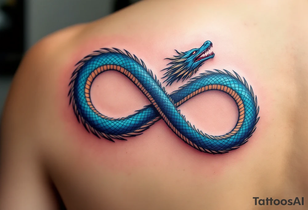 The design features a dragon, coiled in the shape of the infinity symbol (sideways number "8"). The dragon is depicted eating its own tail, symbolizing eternity and continuity, inspired by the Ouroboros.

Details:

The dragon's body has vibrant, glossy blue scales, with a smooth and polished texture.
It maintains a clean, balanced shape in the infinity figure, with sharp details and elegant flow.
Style:

The focus remains on the dragon's form, with no additional background elements to keep the design minimal and modern. tattoo idea
