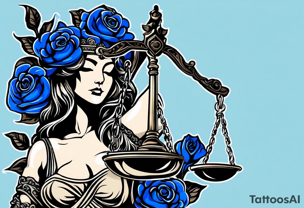 Lady Justice, 
Blindfold:
Scales: 
 Lady Justice is shown with black hair, which is a unique artistic choice compared to the more traditional representations. The scales, blindfold, and sword are all present, adhering to the classic iconography but with a modern and colorful twist. blue roses frames, background blue,present it in a tattoo tattoo idea