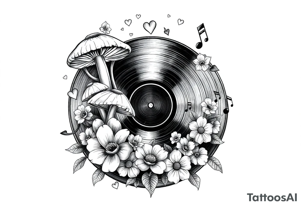 vinyl record with mushrooms, flowers, hearts, and music notes tattoo idea