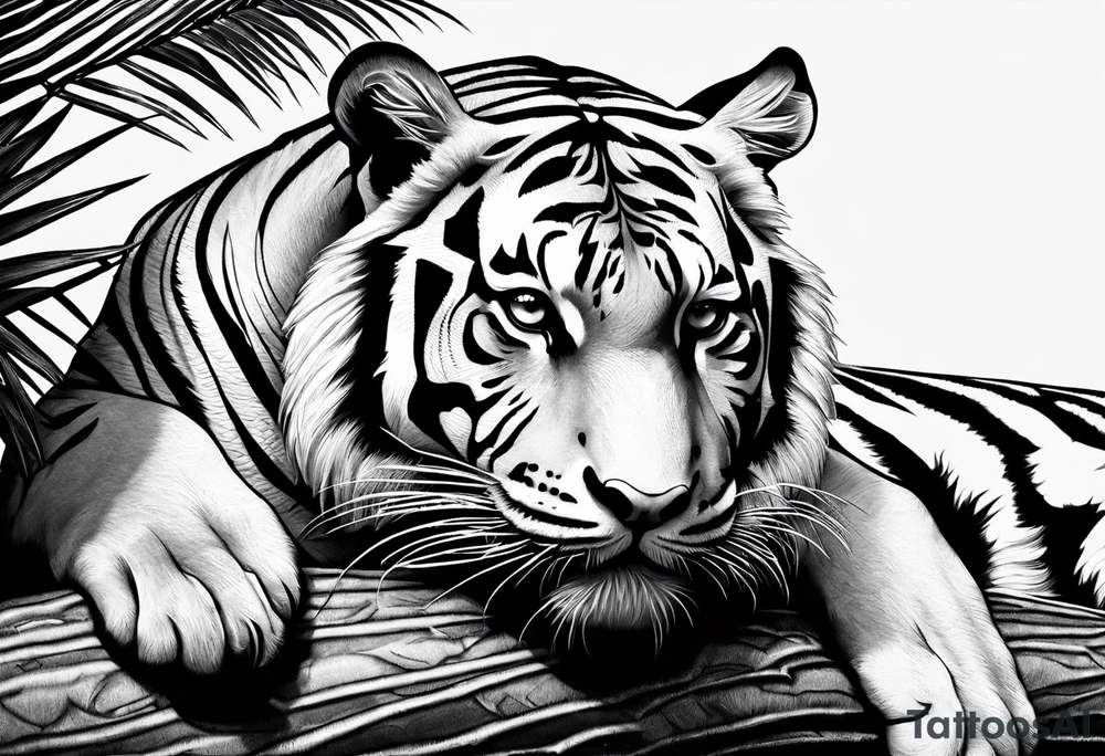 tiger laying on palm tree tattoo idea