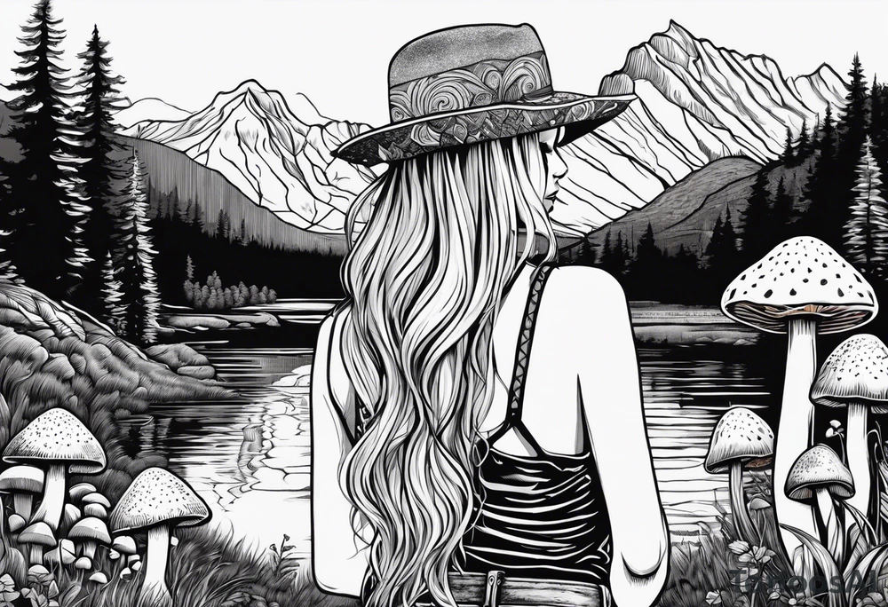 Straight long blonde hair hippie girl in distance holding mushrooms in hand facing away toward mountains and creek surrounded by mushrooms tee shirt hiking pants

Circular picture tattoo idea