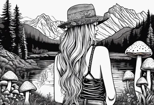 Straight long blonde hair hippie girl in distance holding mushrooms in hand facing away toward mountains and creek surrounded by mushrooms tee shirt hiking pants

Circular picture tattoo idea