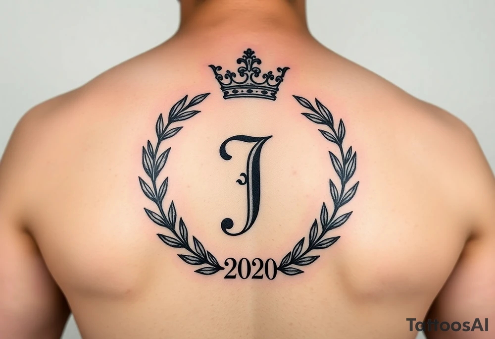I would like to have an example for a tattoo. In which the initial J is central with a laurel wreath from bottom to top and a crown on top. Furthermore, please include a birth year 2020 or his birth date in Roman. on the upper legs tattoo idea