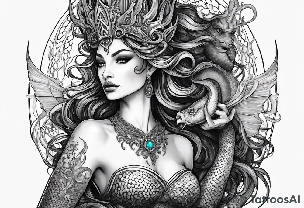 Big Side profile mermaid with trident & horns, crown looking at evil seahorse face to face. Tattoos on skin and scales showing, octopus tentacles wrapped around. Half arm tattoo tattoo idea
