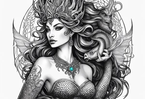 Big Side profile mermaid with trident & horns, crown looking at evil seahorse face to face. Tattoos on skin and scales showing, octopus tentacles wrapped around. Half arm tattoo tattoo idea