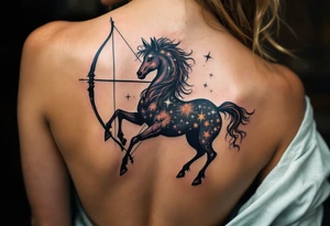 A half-human, half-horse centaur silhouette holding a bow, with the Sagittarius stars in metallic white across the chest. tattoo idea