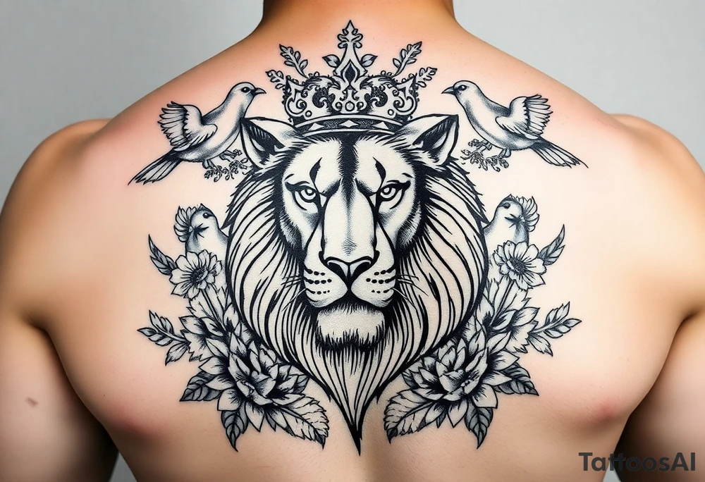 powerful majestic lion with a crown, surrounded by floral ornaments and birds tattoo idea
