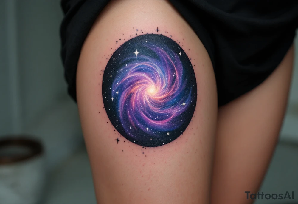 A galaxy-filled circle in purple, indigo, and black, with specks of white stars. tattoo idea