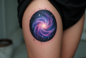 A galaxy-filled circle in purple, indigo, and black, with specks of white stars. tattoo idea
