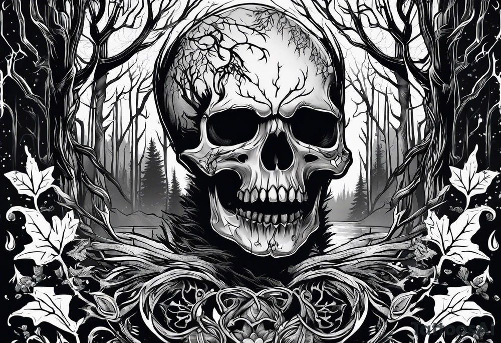 A spooky decaying skull lore accurate wendigo surrounded by a forest fire in background tattoo idea
