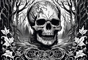 A spooky decaying skull lore accurate wendigo surrounded by a forest fire in background tattoo idea