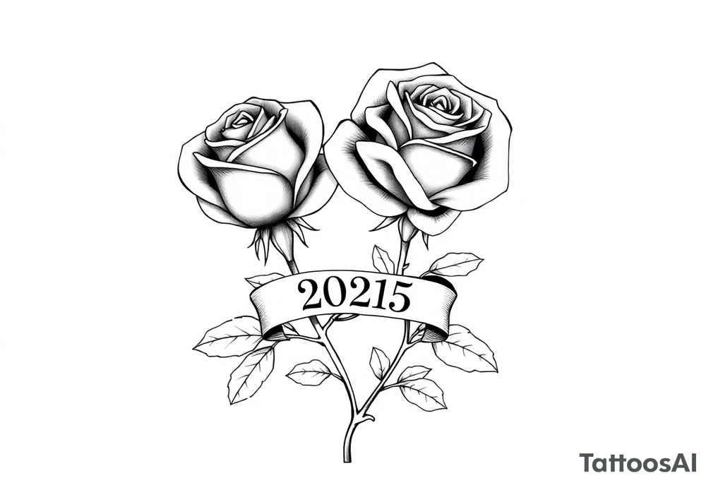 two beautiful large rose buds, one larger than the other, with many leaves next to the rose buds, with one sitting higher than the other. Include a banner connecting the two roses with the year "2025" on it.   Use dark outlines with little shading. The two stems should be short, not long, and connect and join into one stem, whimsically curved or twisted - not straight down. tattoo idea