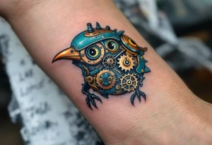Tim Burton’s mechanical bird is rusted in bronze and deep teal, its gears exposed and eyes hollow with sorrow. tattoo idea