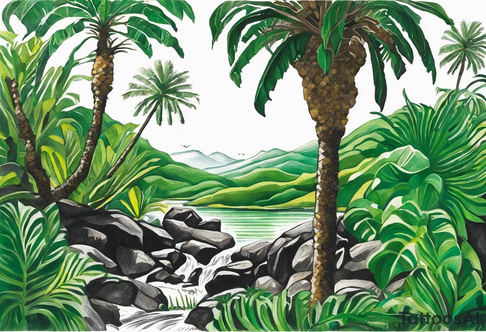 Tattoo: A striking Gachala emerald sits at the base of a tall quindio wax palm, which grows resiliently from cracks in rugged, rocky soil. The emerald is the main focal point, symbolizing strength and endurance, while the wax palm, rooted in the soil’s crevices, represents growth and resilience. A small water stream flows gently from the rocks, adding an element of life and nourishment tattoo idea