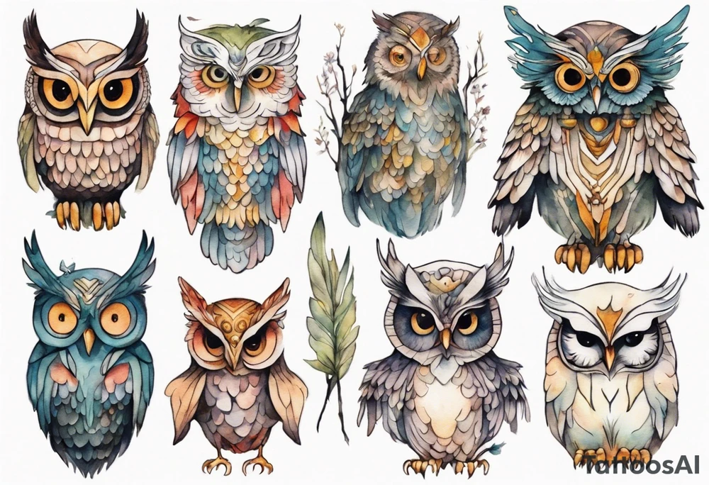 a creature in a tunic wearing an owl mask with long thin legs, the feet of a bird, and wings instead of arms in an evening forest tattoo idea