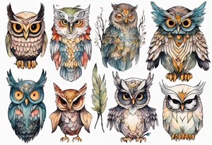 a creature in a tunic wearing an owl mask with long thin legs, the feet of a bird, and wings instead of arms in an evening forest tattoo idea