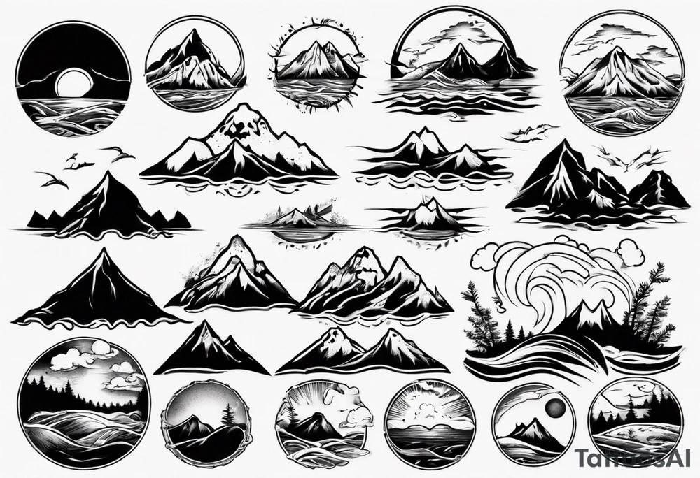 mountains, beach, waves, sunset, camping, trees tattoo idea