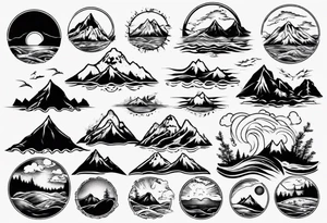 mountains, beach, waves, sunset, camping, trees tattoo idea