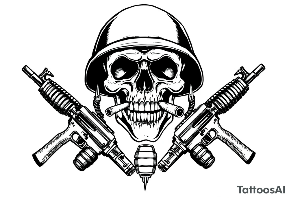 A stoic skull in a military helmet, cigar burning, flanked by crossed assault rifles and grenades. tattoo idea