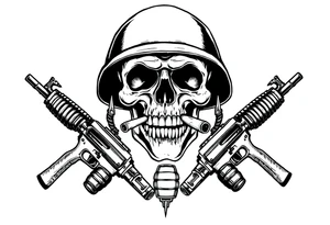 A stoic skull in a military helmet, cigar burning, flanked by crossed assault rifles and grenades. tattoo idea