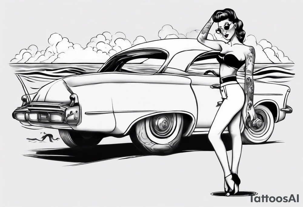Pinup doll standing next to an old car along the beach tattoo idea