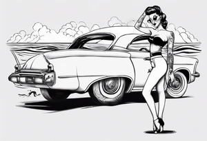 Pinup doll standing next to an old car along the beach tattoo idea