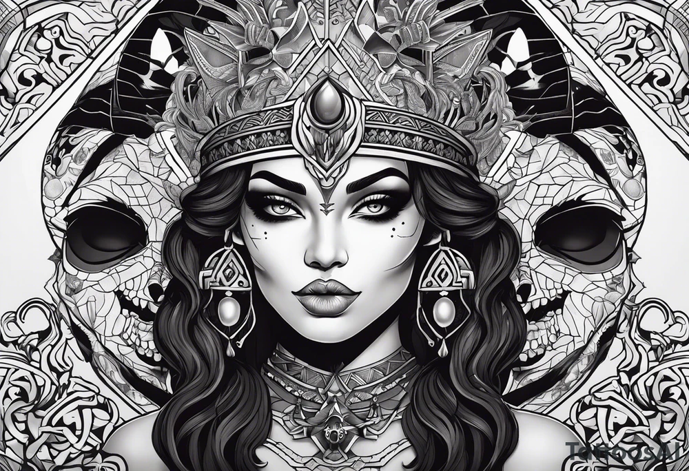 kali ma, alien goddess, valkrye, aries, pirate, divine feminine, zenza resonance, pachamama, lotus azul, blank panther, eagle, skull, 5D, nueva gaya, dna 12 tattoo idea