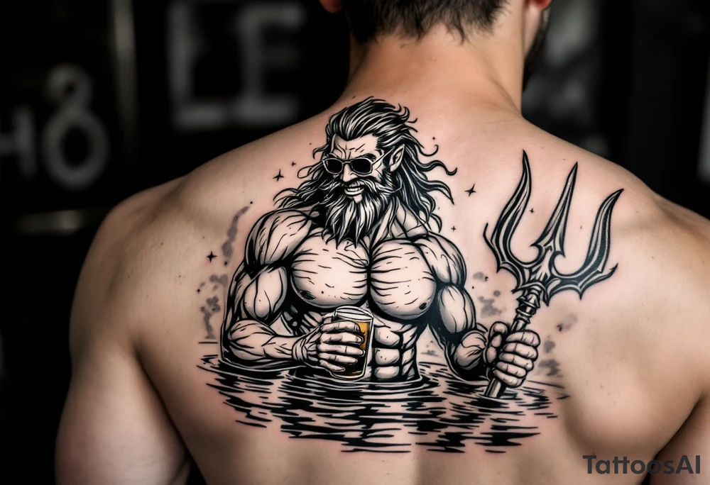 smiling, fit poseidon, with a trident, in calm water, holding a beer, with sunglasses tattoo idea